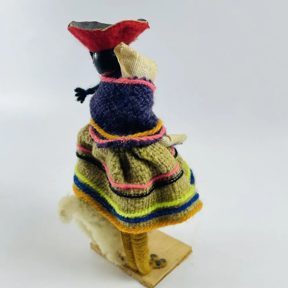 VTG Handmade Peruvian Woman Folk Art Doll w/Baby & Llama 6.5 in Souvenir